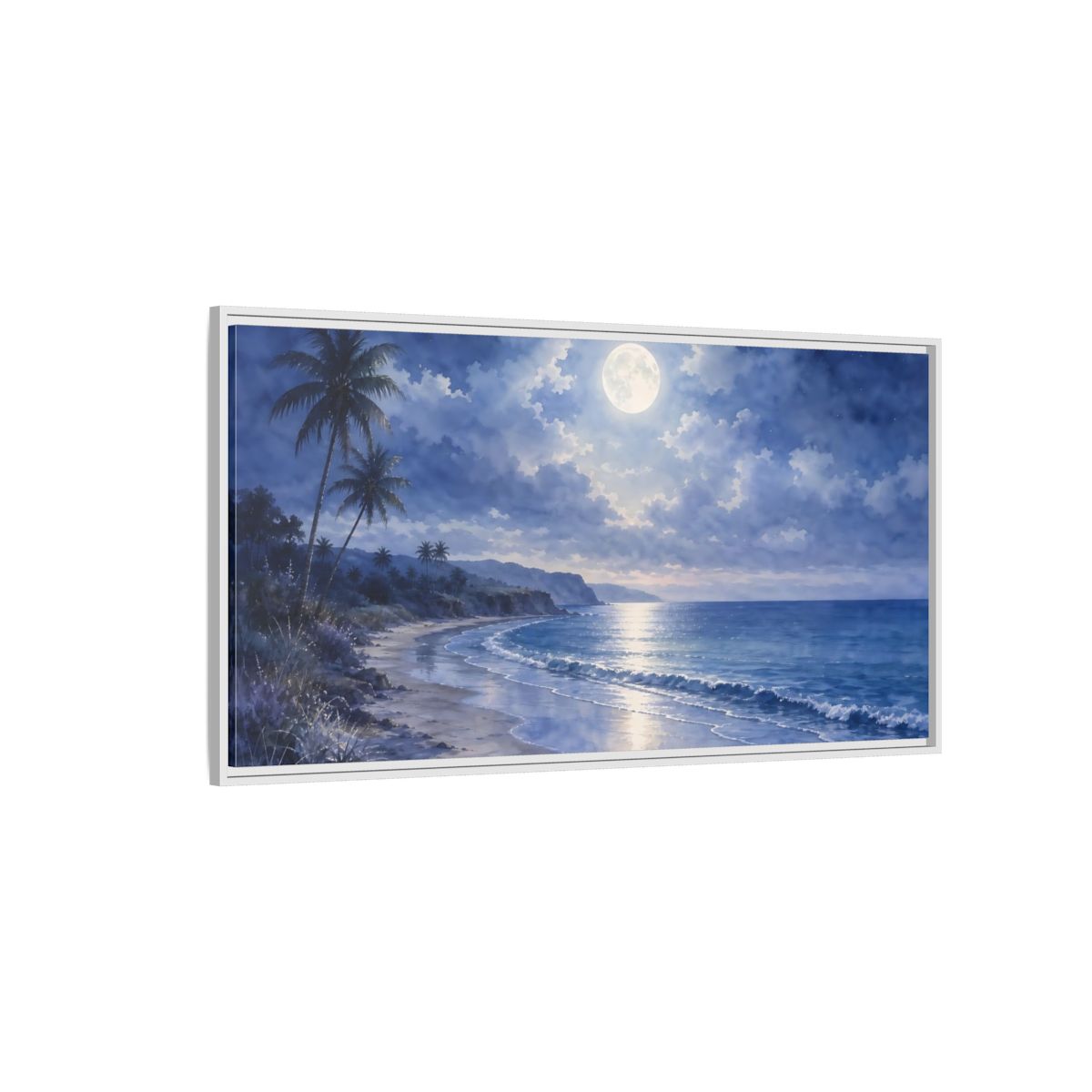 Side Mockup 3. Moonlit Tropical Shore shown as framed canvas print