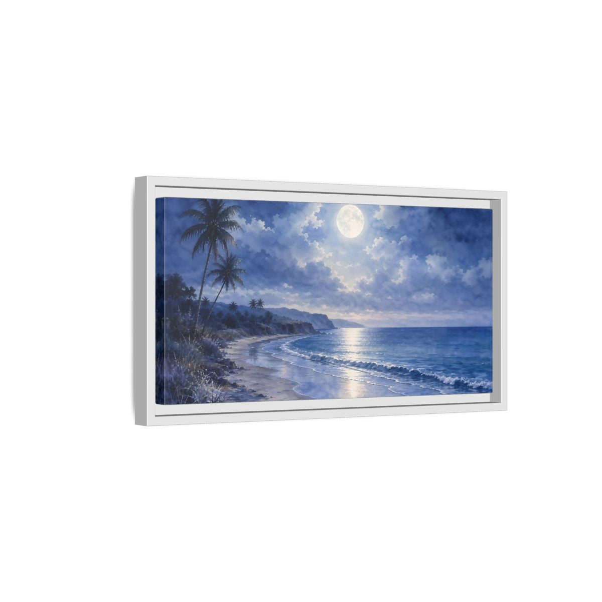 Side Mockup 6. Moonlit Tropical Shore shown as framed canvas print