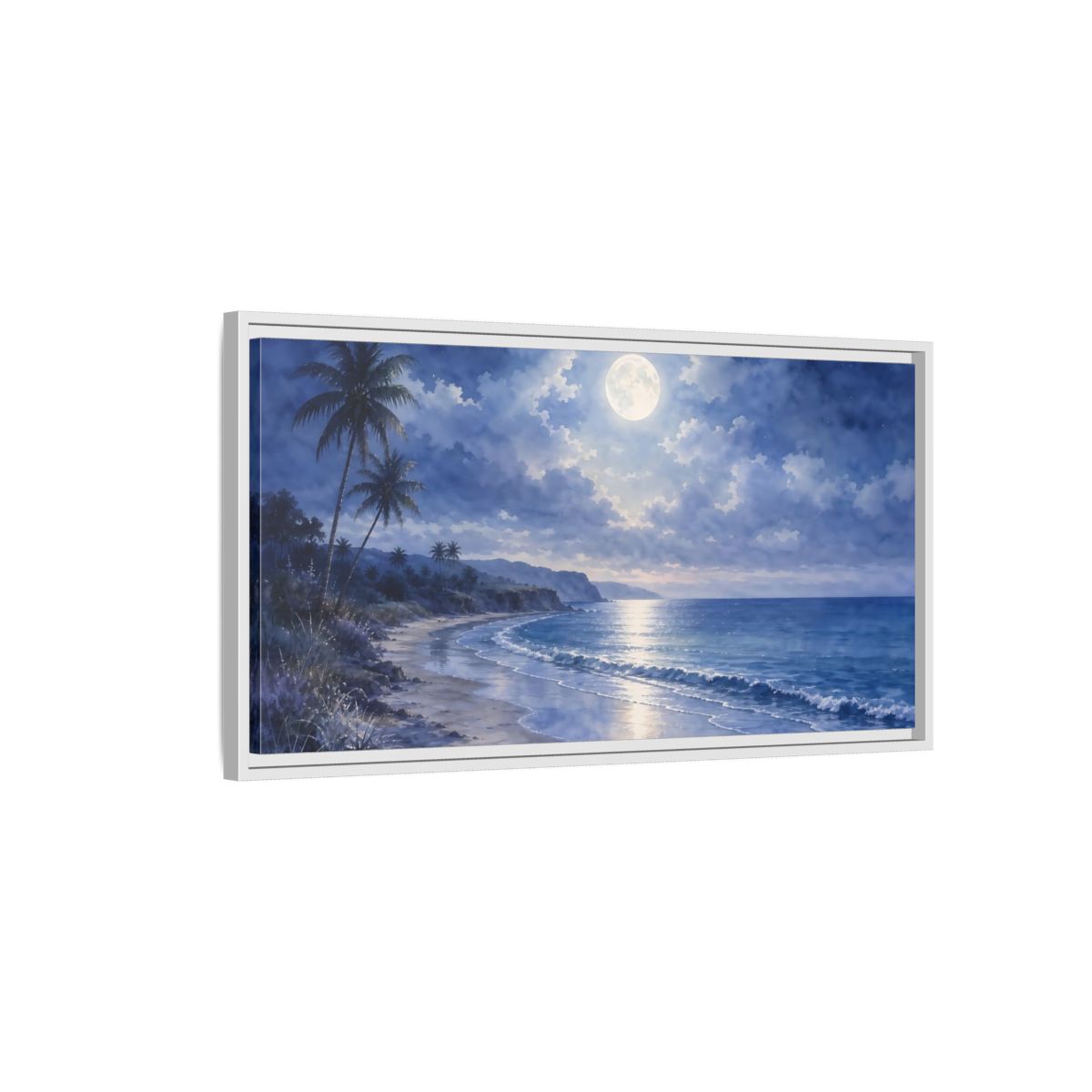 Side Mockup 1. Moonlit Tropical Shore shown as framed canvas print