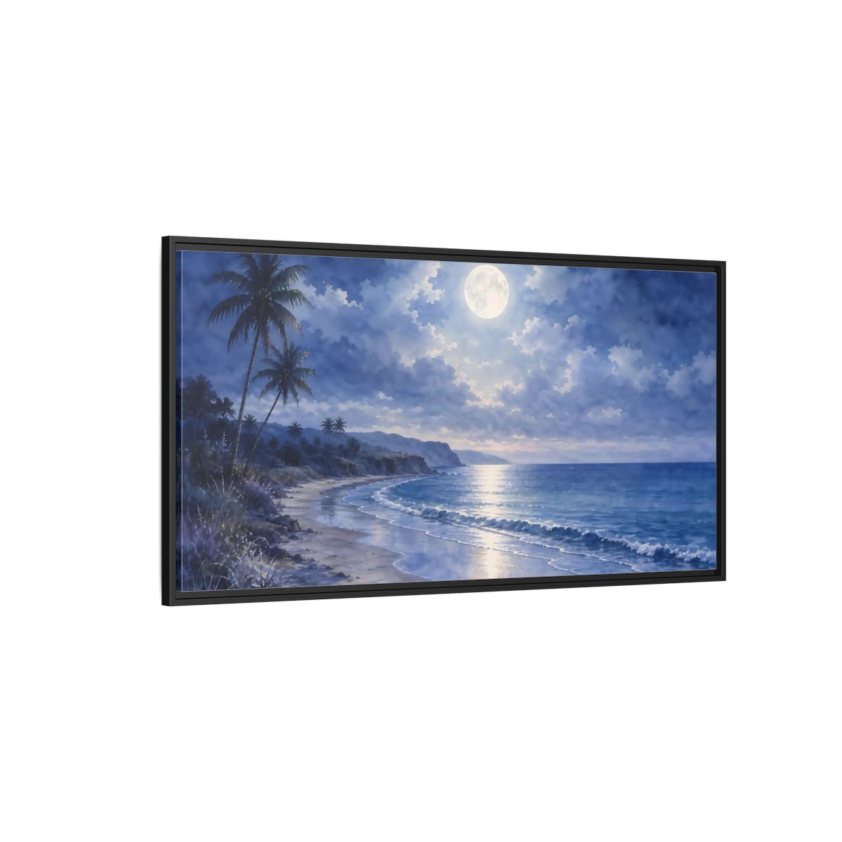 Side Mockup 5. Moonlit Tropical Shore shown as framed canvas print