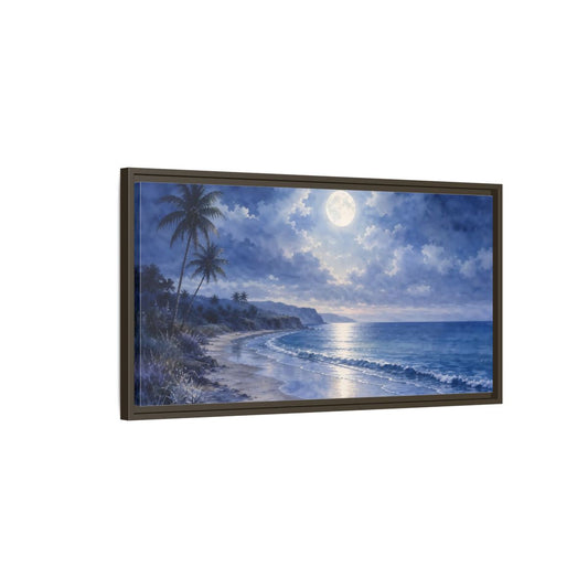 Main Mockup. Moonlit Tropical Shore shown as framed canvas print
