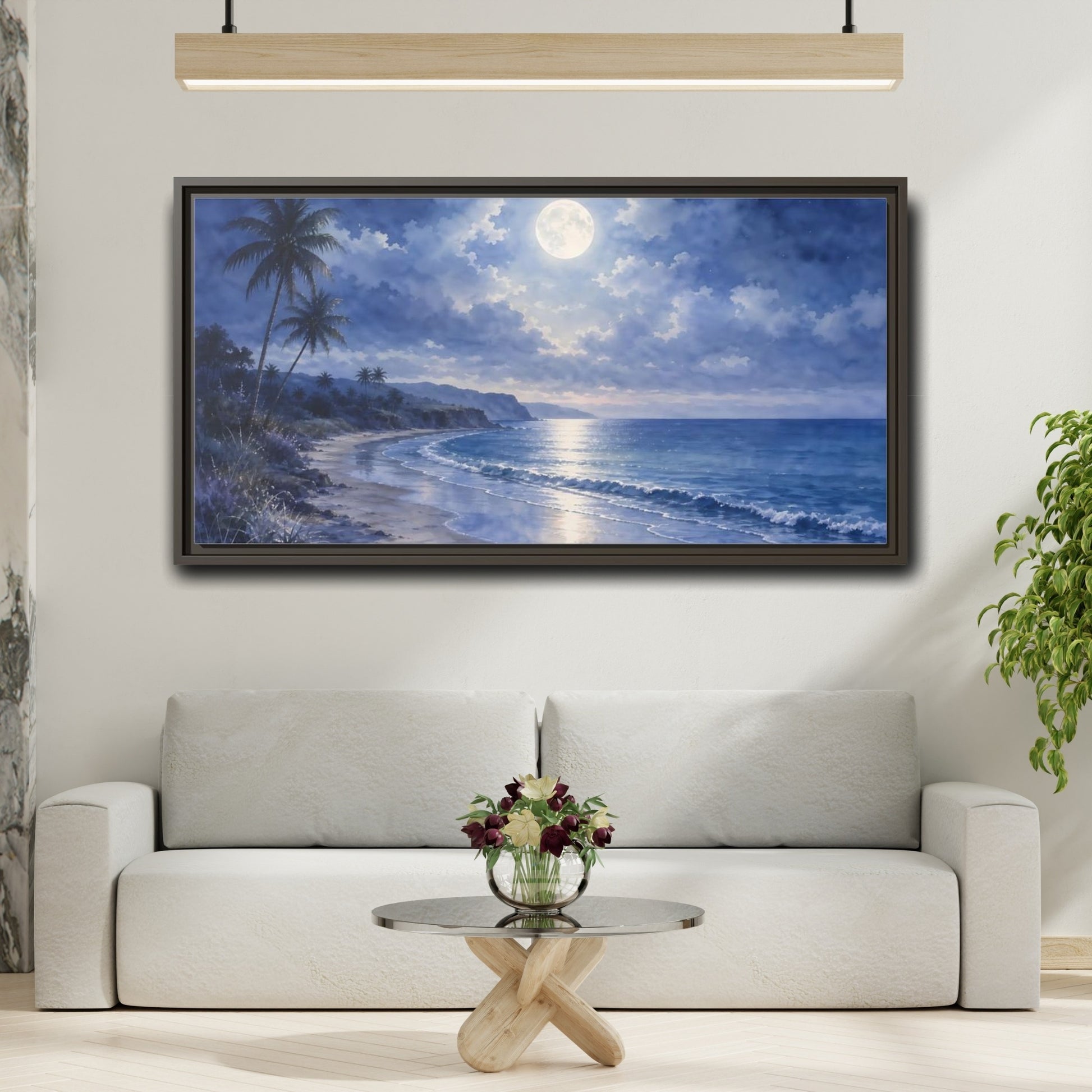 Mockup 2. Moonlit Tropical Shore shown as framed canvas print