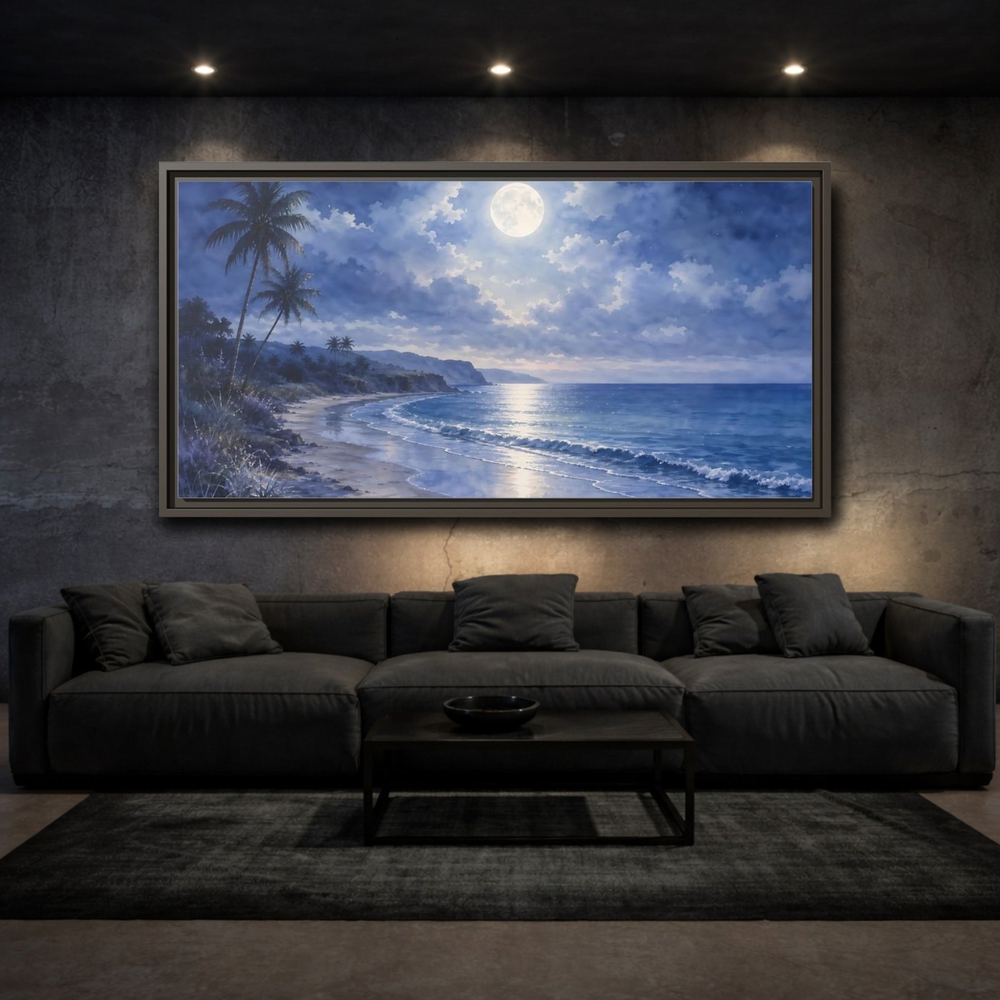 Mockup 3. Moonlit Tropical Shore shown as framed canvas print