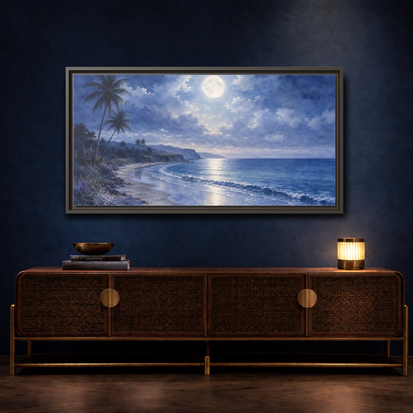 Mockup 4. Moonlit Tropical Shore shown as framed canvas print