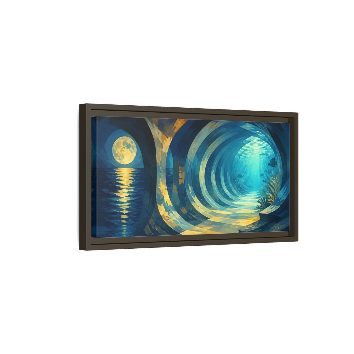 Side Mockup 7. Moonlit Underwater Corridor shown as framed canvas print