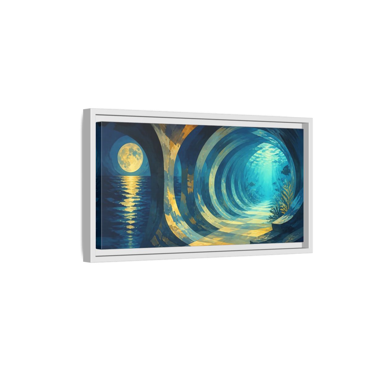 Side Mockup 6. Moonlit Underwater Corridor shown as framed canvas print