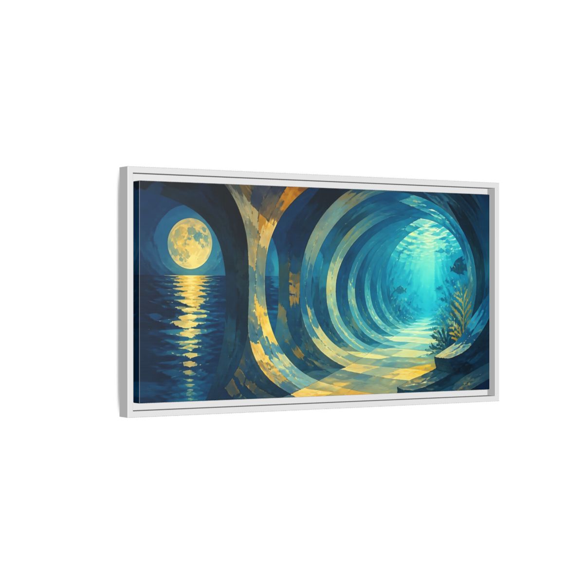 Side Mockup 1. Moonlit Underwater Corridor shown as framed canvas print