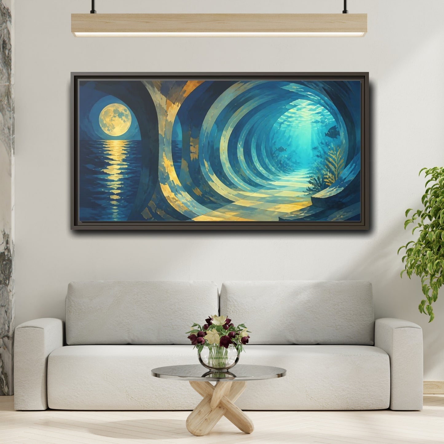 Mockup 2. Moonlit Underwater Corridor shown as framed canvas print