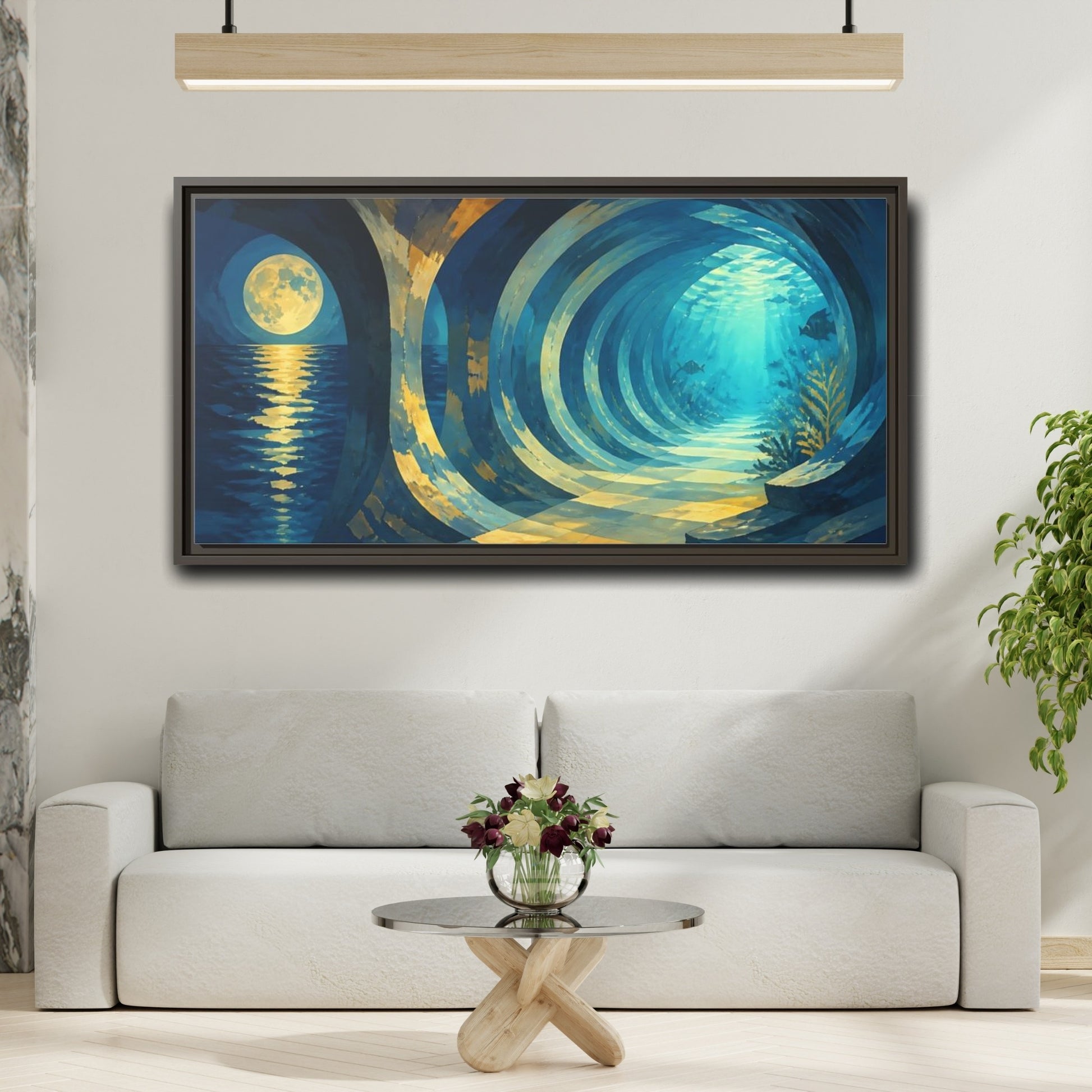 Mockup 2. Moonlit Underwater Corridor shown as framed canvas print