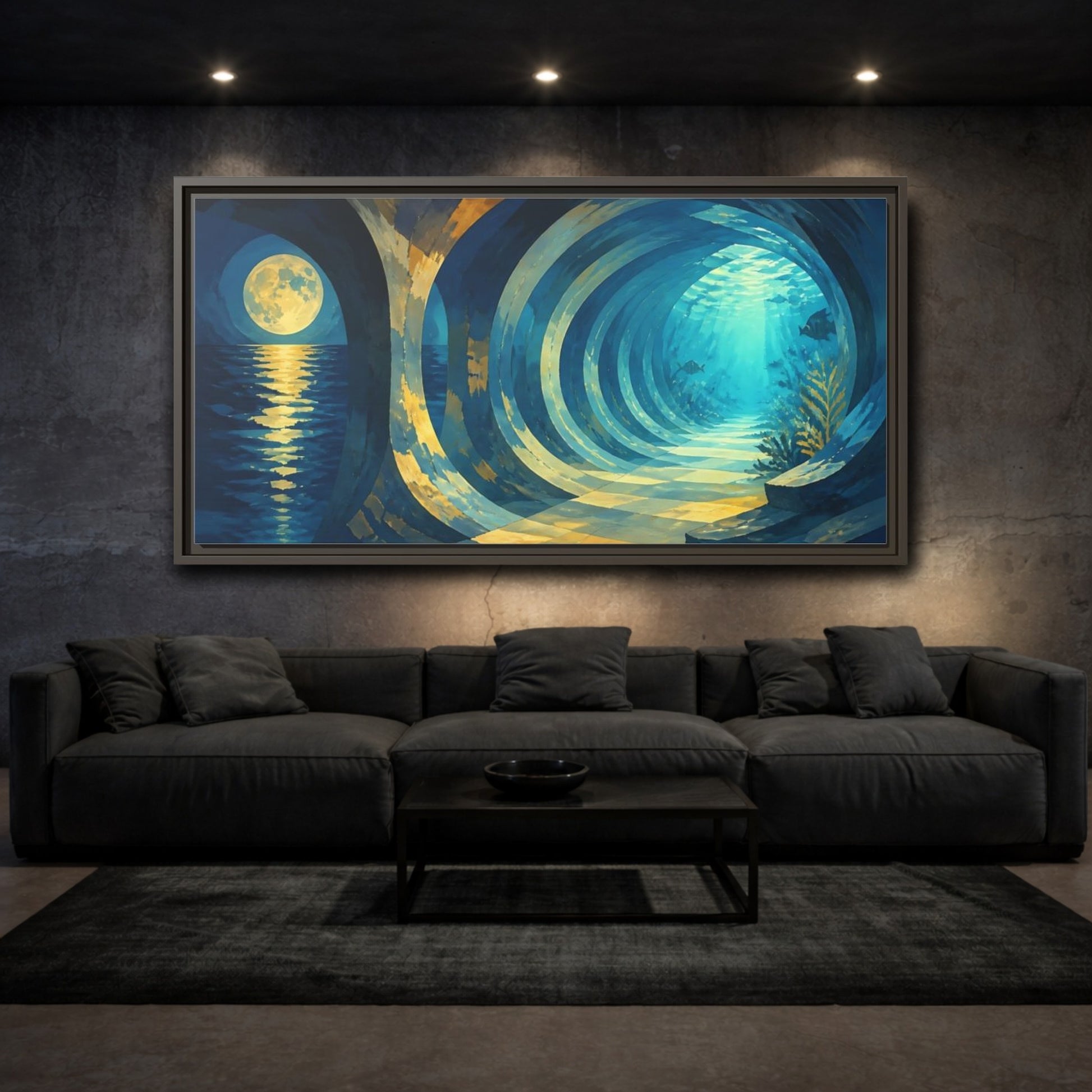 Mockup 3. Moonlit Underwater Corridor shown as framed canvas print