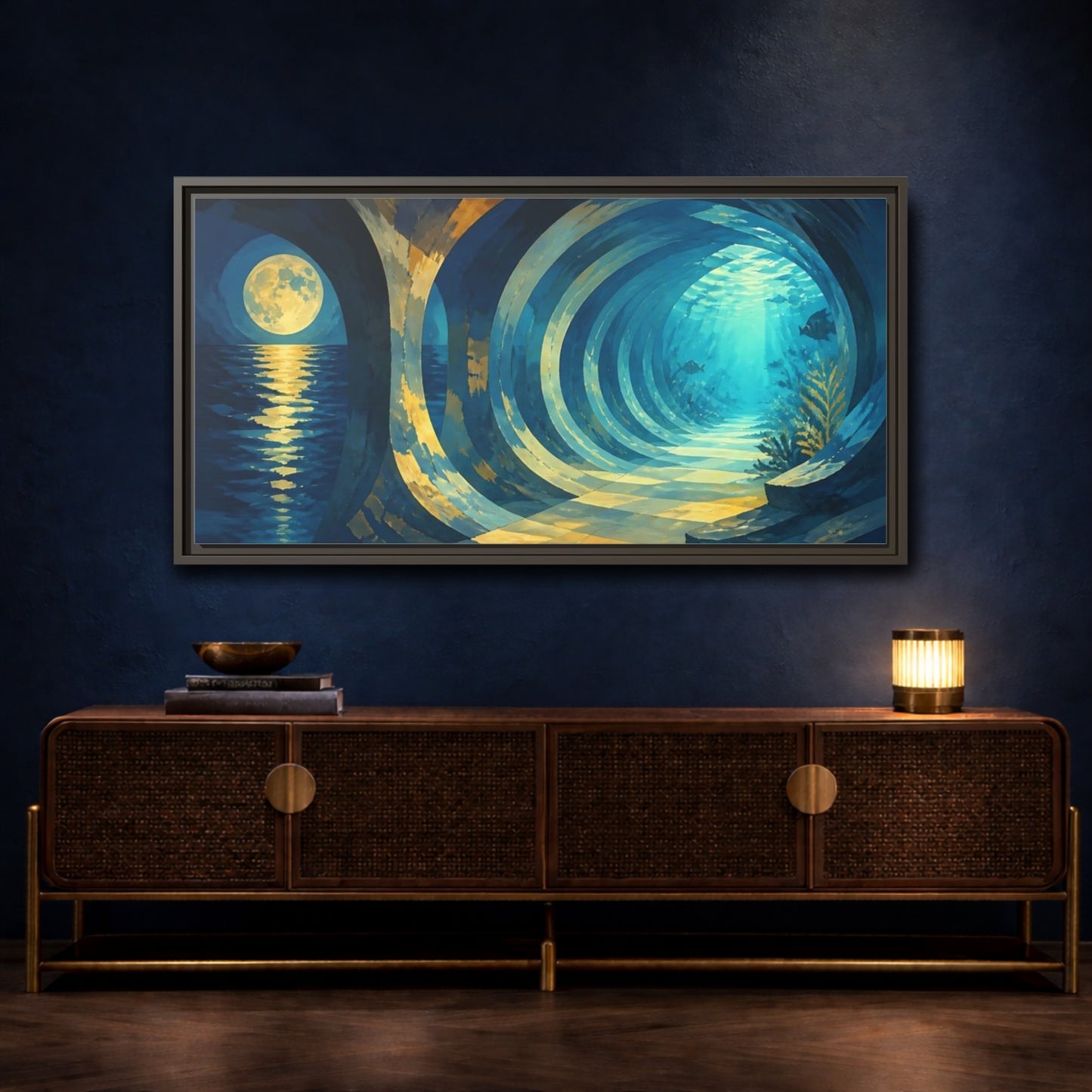 Mockup 4. Moonlit Underwater Corridor shown as framed canvas print