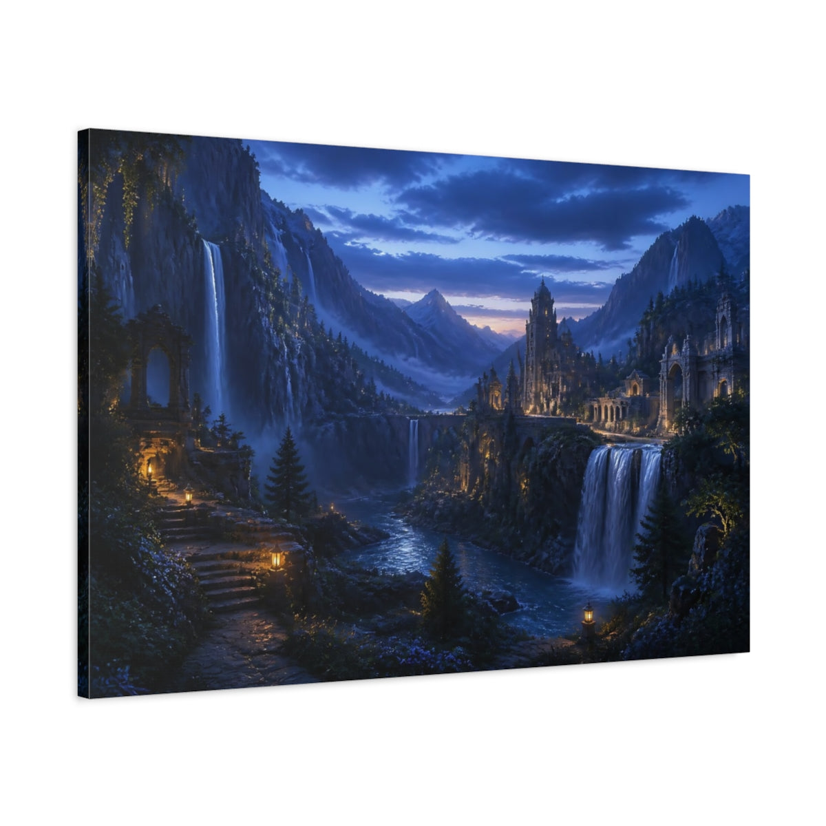 Main Mockup. Moonlit Waterfall Citadel shown as canvas print