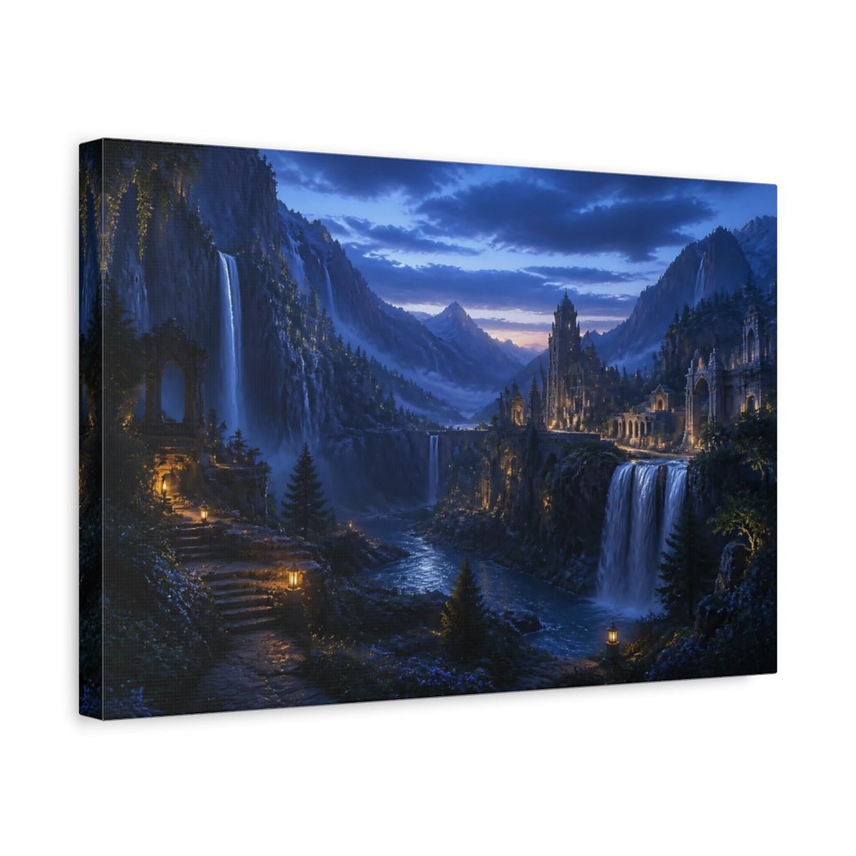 Side Mockup 4. Moonlit Waterfall Citadel shown as canvas print