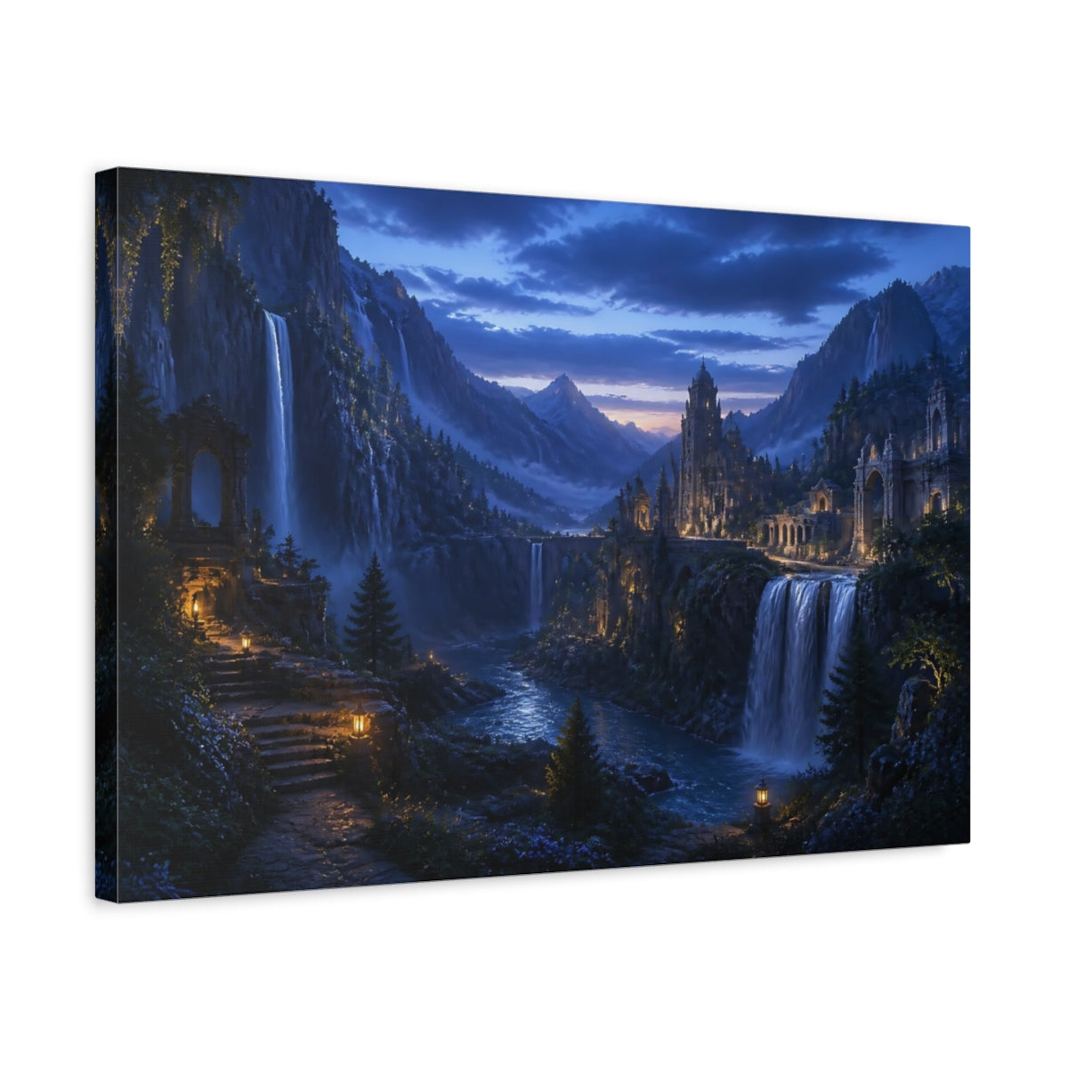 Side Mockup 3. Moonlit Waterfall Citadel shown as canvas print