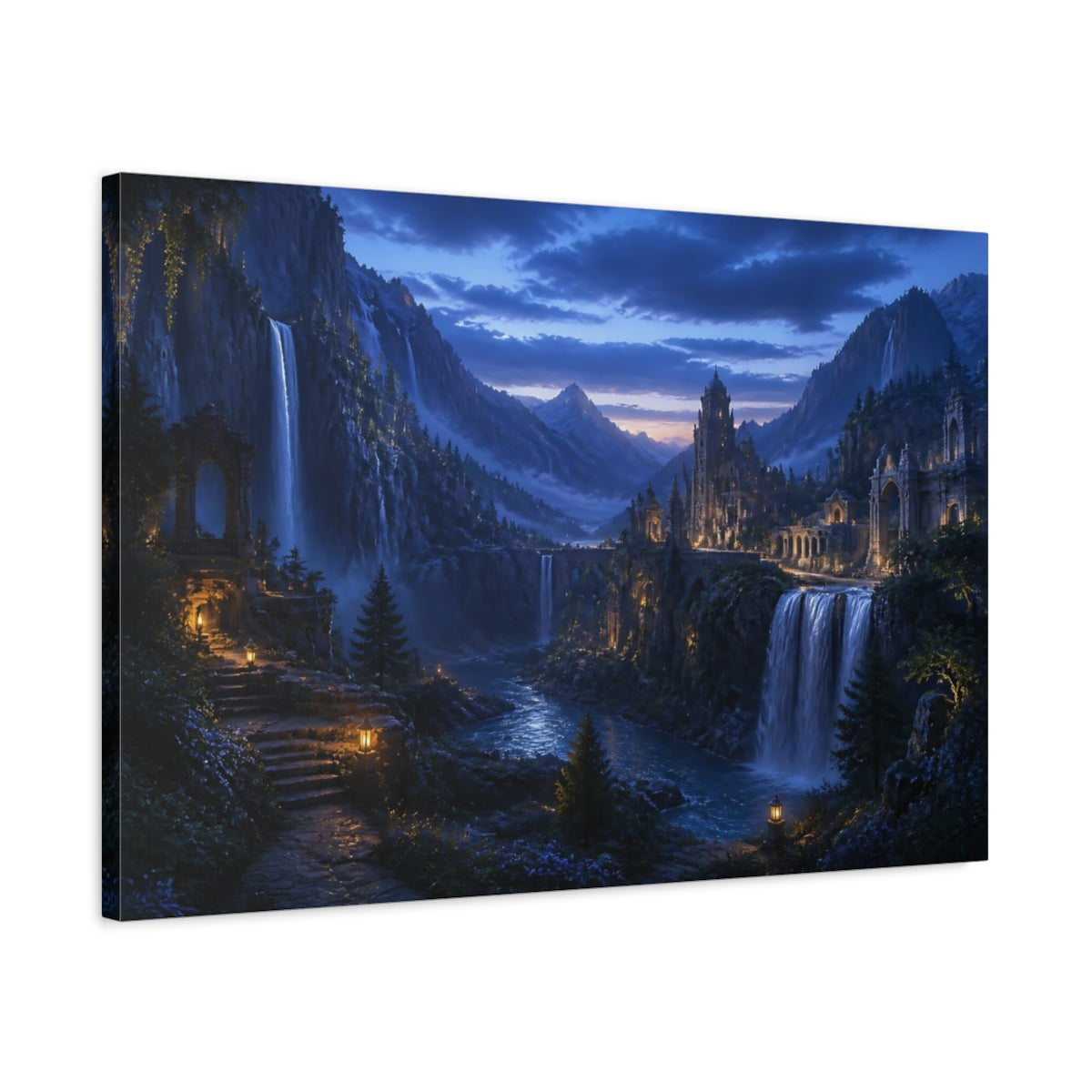 Side Mockup 2. Moonlit Waterfall Citadel shown as canvas print