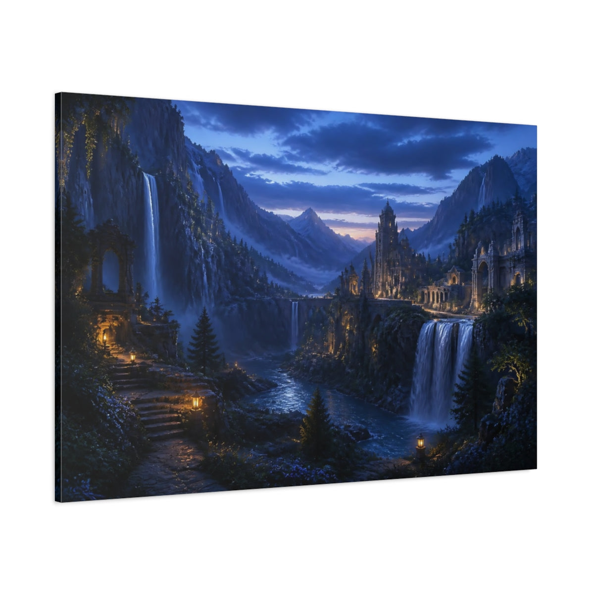 Side Mockup 1. Moonlit Waterfall Citadel shown as canvas print