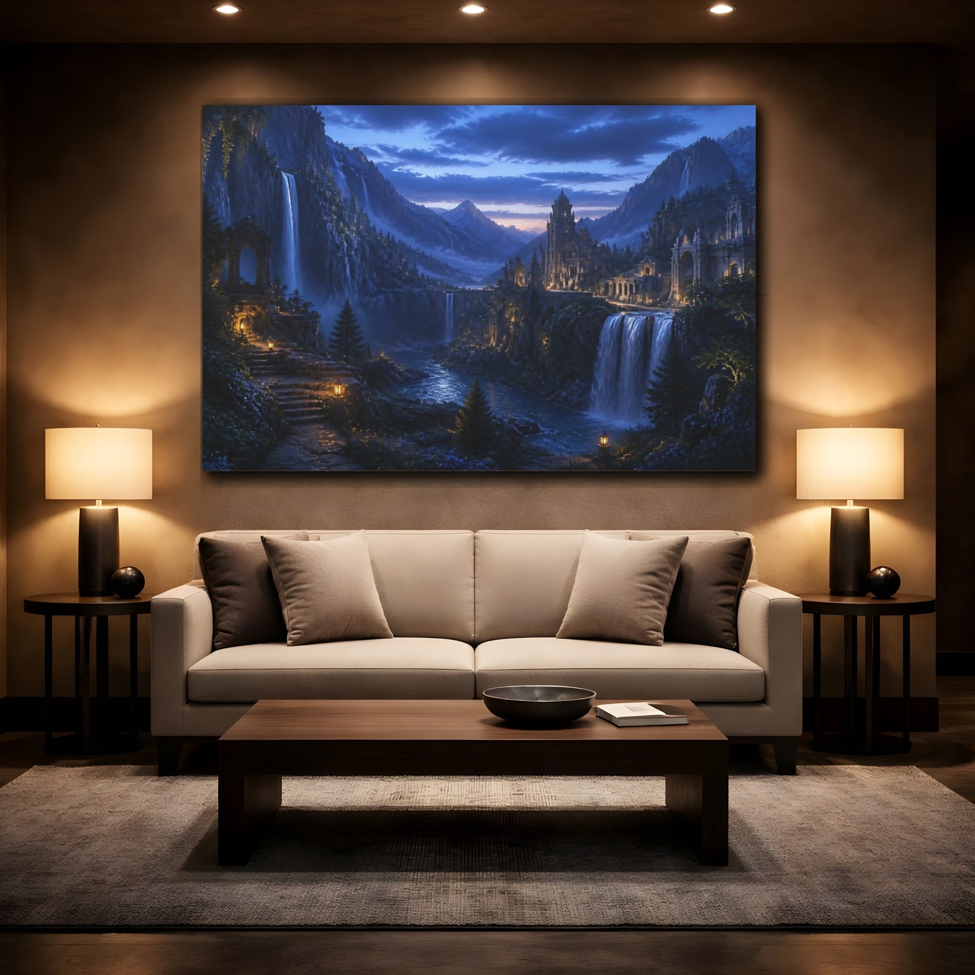 Mockup 2. Moonlit Waterfall Citadel shown as canvas print