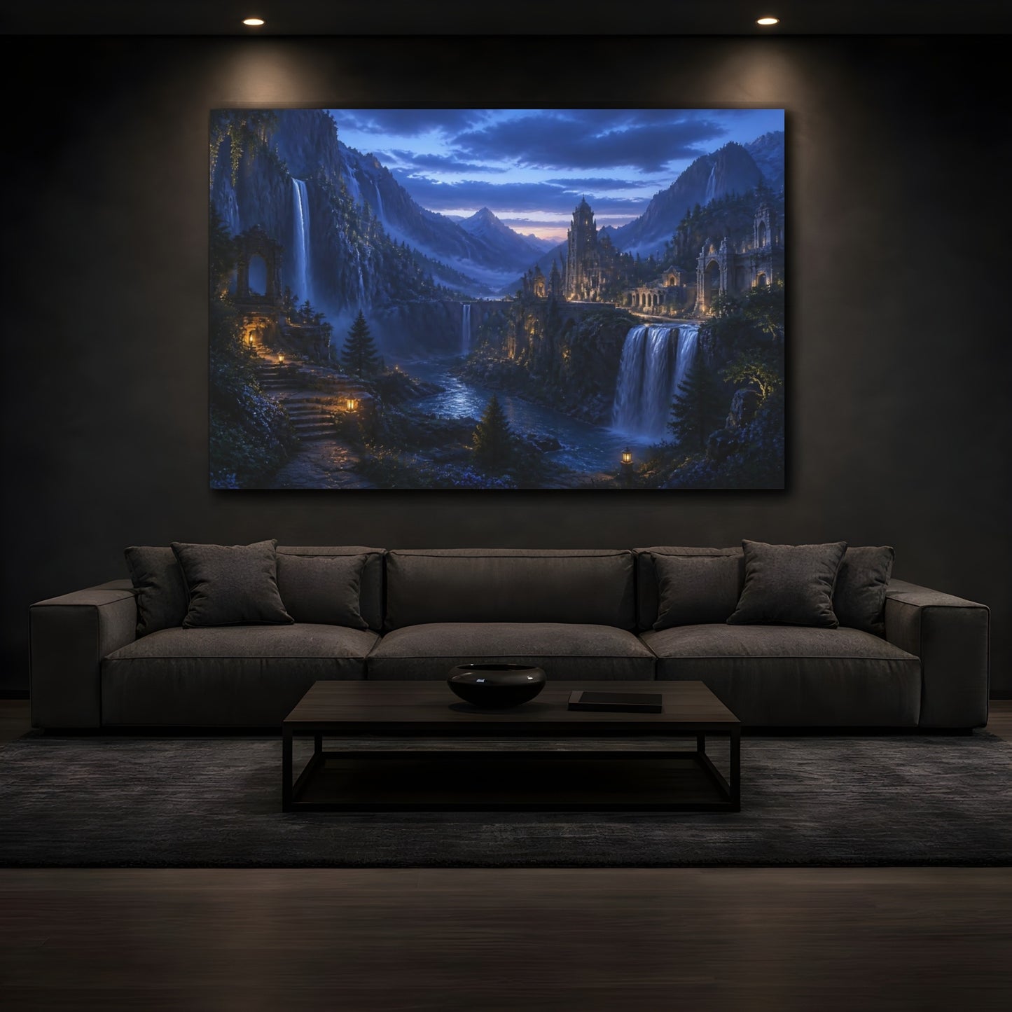 Mockup 3. Moonlit Waterfall Citadel shown as canvas print