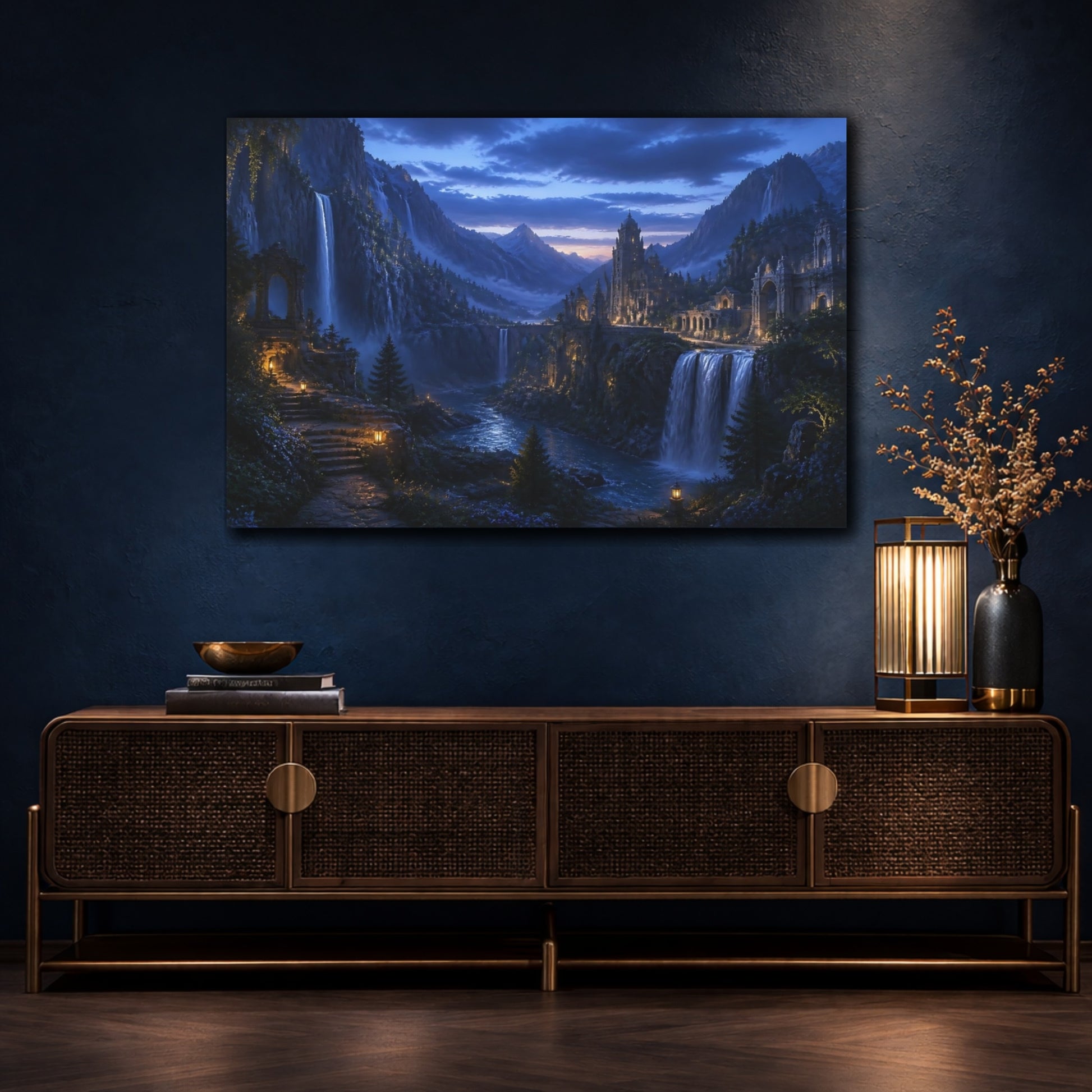 Mockup 4. Moonlit Waterfall Citadel shown as canvas print