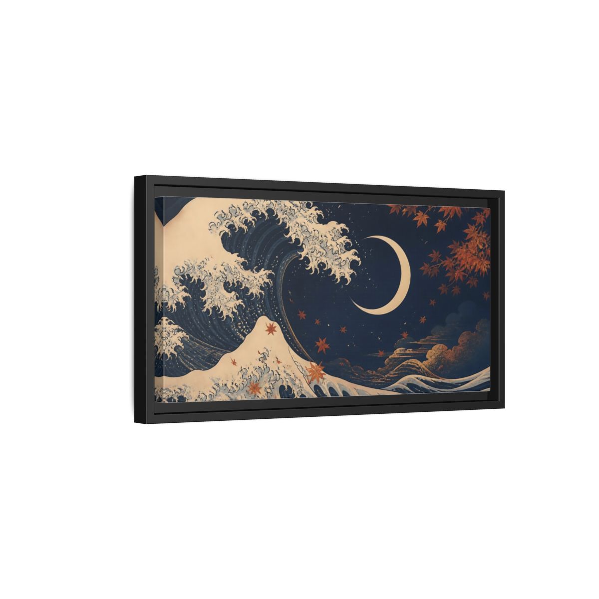 Side Mockup 8. Moonlit Wave With Maple Leaves shown as framed canvas print