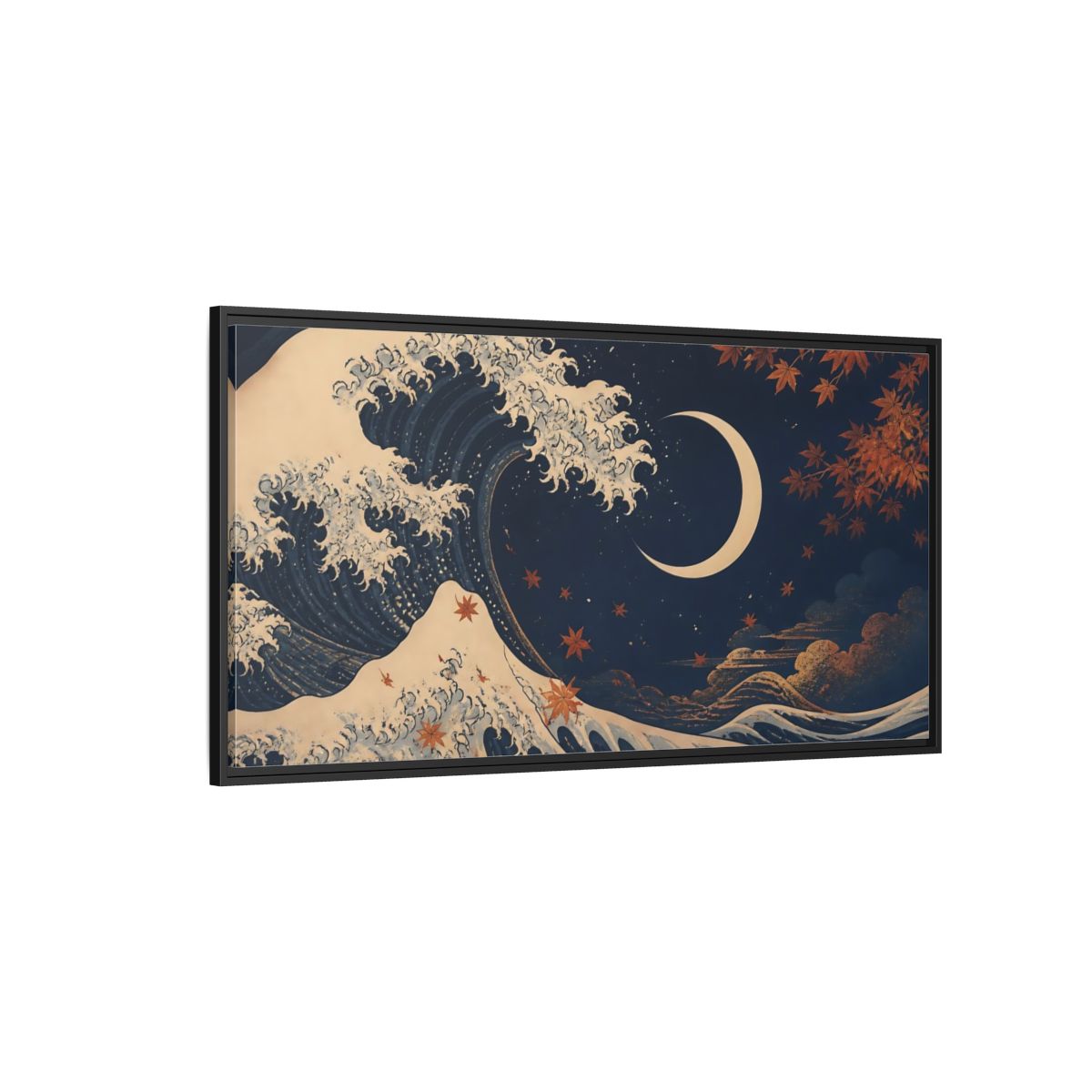 Side Mockup 5. Moonlit Wave With Maple Leaves shown as framed canvas print