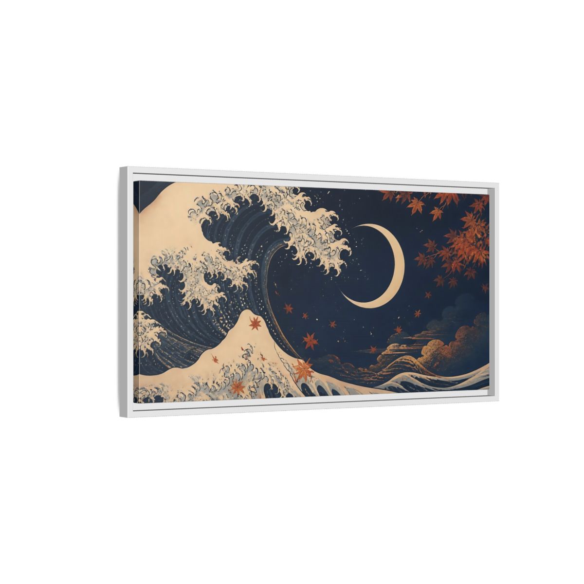Side Mockup 1. Moonlit Wave With Maple Leaves shown as framed canvas print