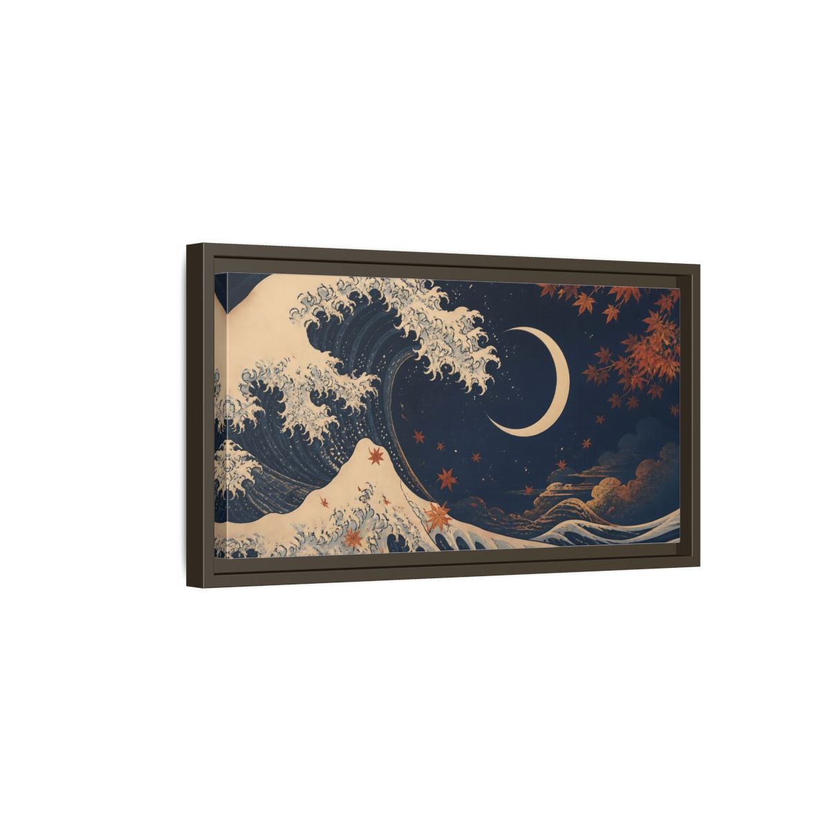 Side Mockup 7. Moonlit Wave With Maple Leaves shown as framed canvas print