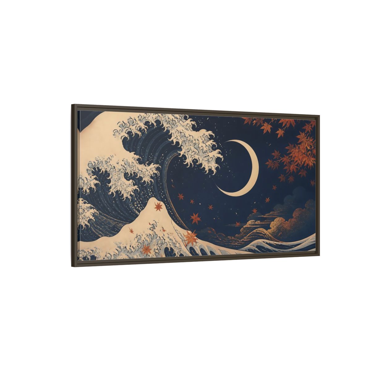 Side Mockup 4. Moonlit Wave With Maple Leaves shown as framed canvas print