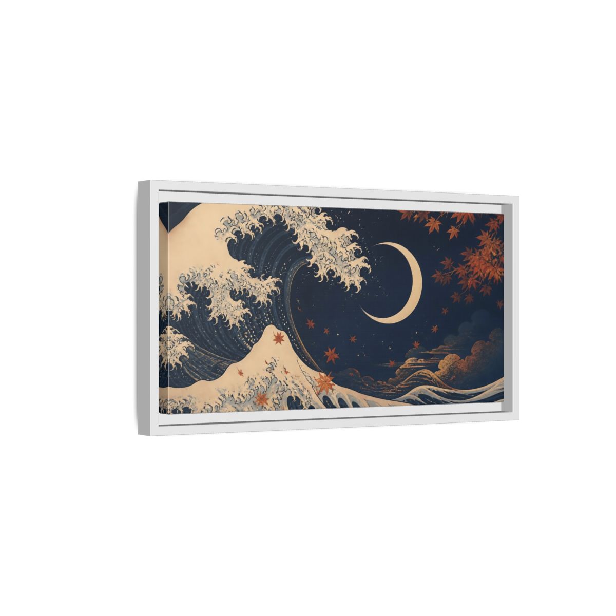 Side Mockup 6. Moonlit Wave With Maple Leaves shown as framed canvas print