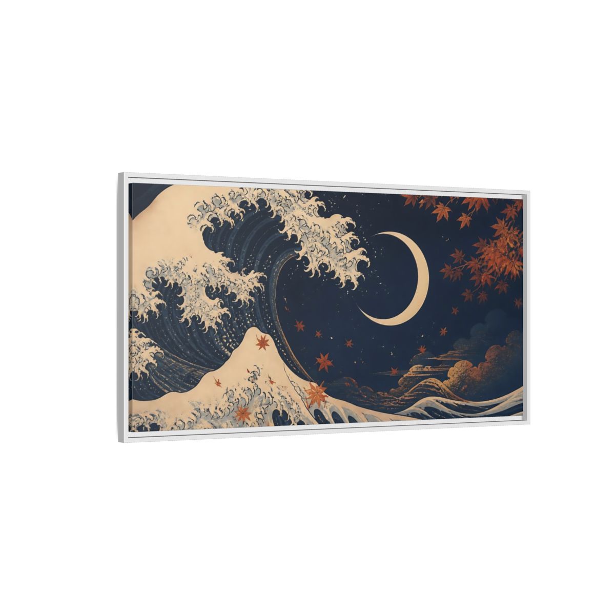 Side Mockup 3. Moonlit Wave With Maple Leaves shown as framed canvas print