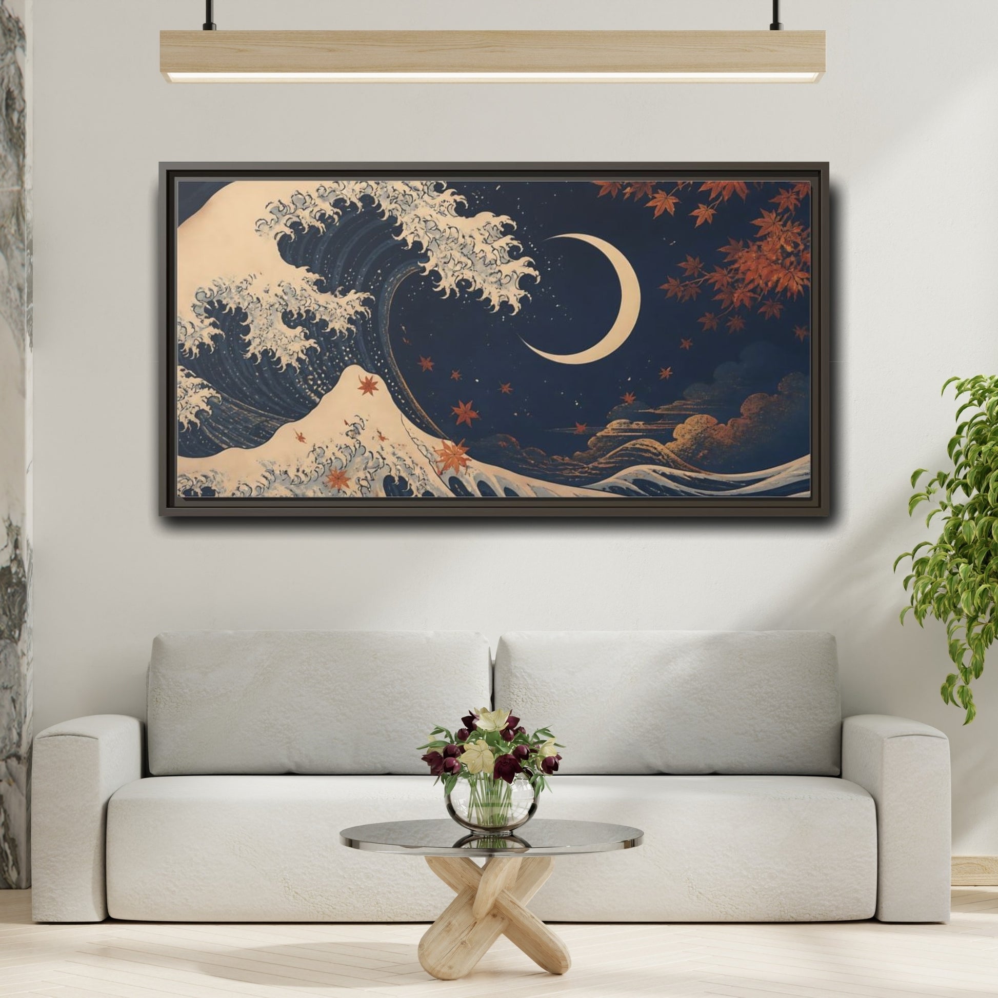 Mockup 2. Moonlit Wave With Maple Leaves shown as framed canvas print