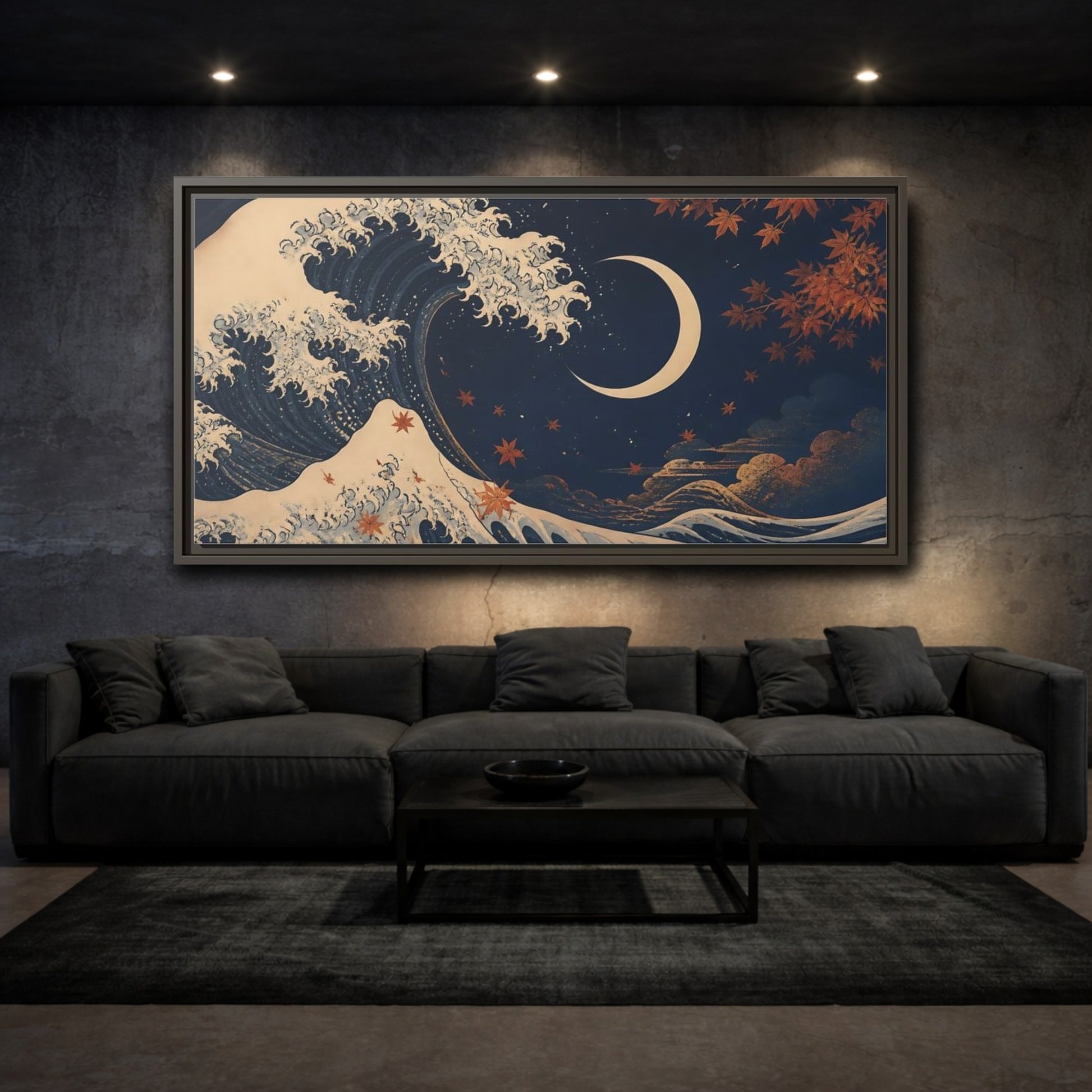 Mockup 3. Moonlit Wave With Maple Leaves shown as framed canvas print