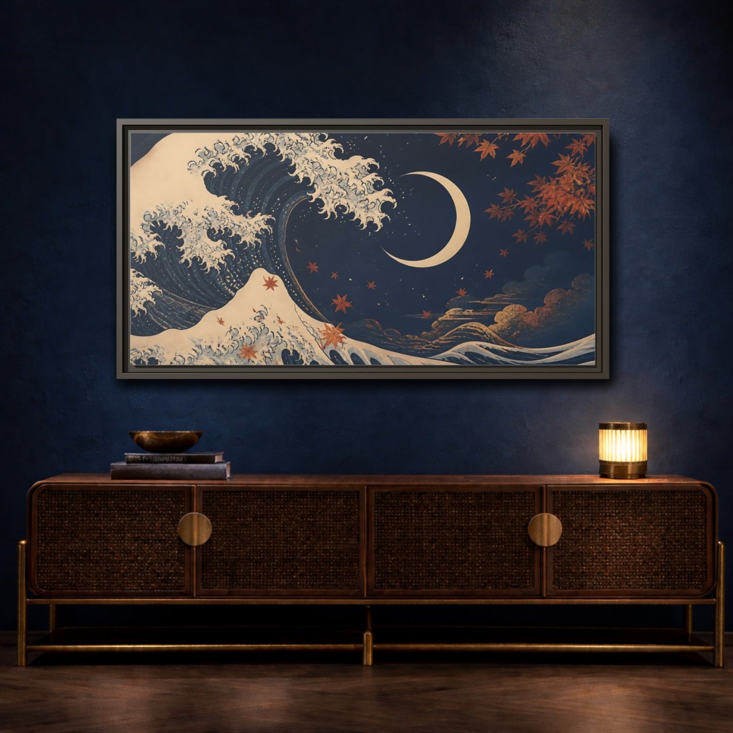 Mockup 4. Moonlit Wave With Maple Leaves shown as framed canvas print