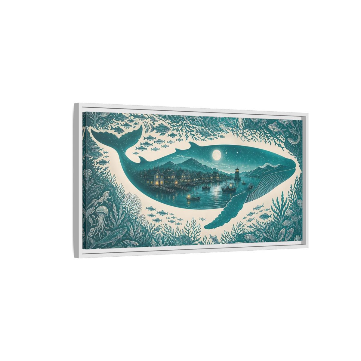 Side Mockup 1. Moonlit Whale Harbor shown as framed canvas print