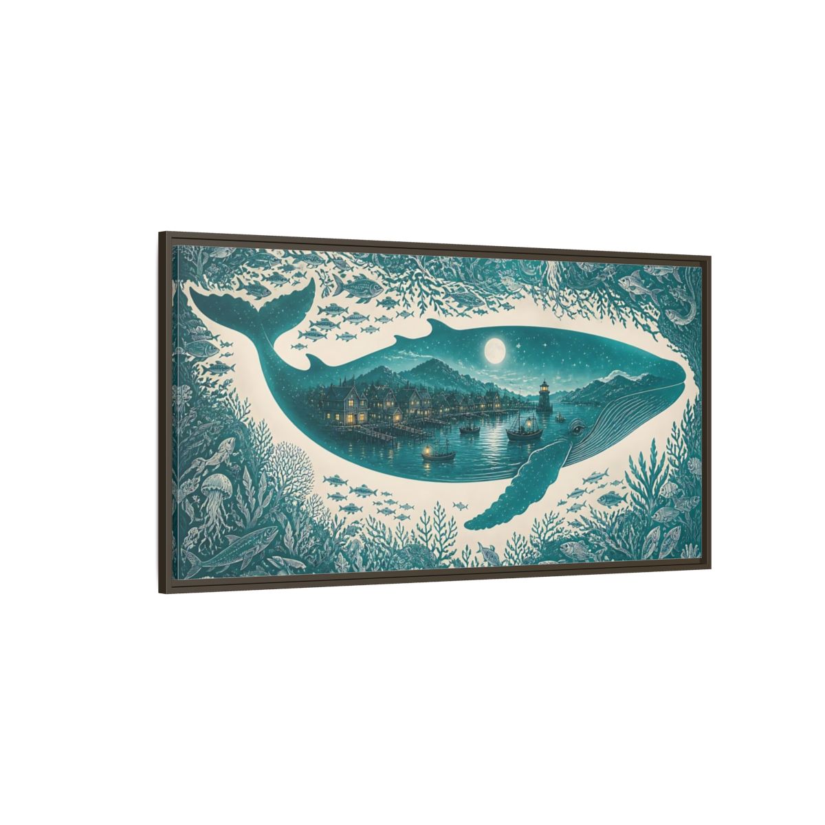 Side Mockup 4. Moonlit Whale Harbor shown as framed canvas print