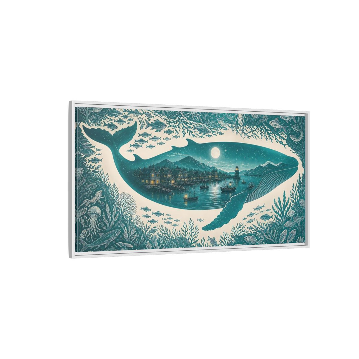 Side Mockup 3. Moonlit Whale Harbor shown as framed canvas print