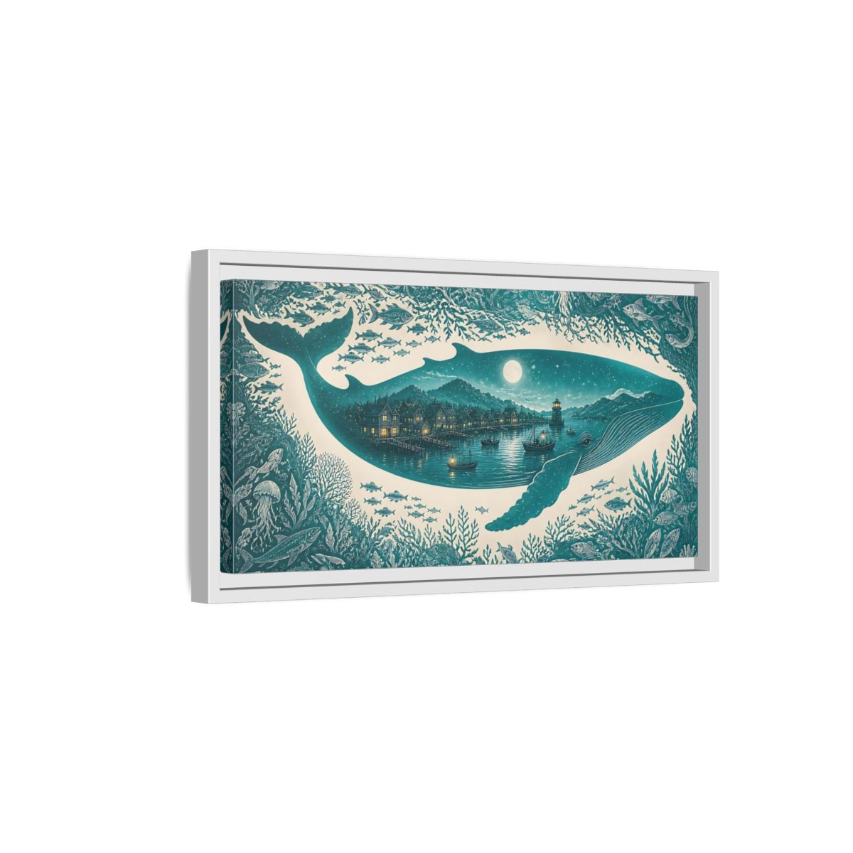 Side Mockup 6. Moonlit Whale Harbor shown as framed canvas print