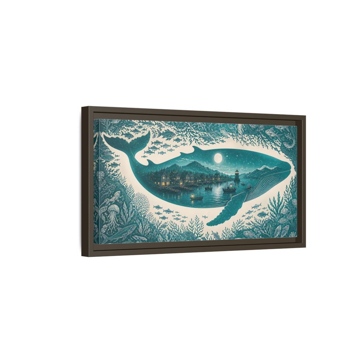 Side Mockup 7. Moonlit Whale Harbor shown as framed canvas print