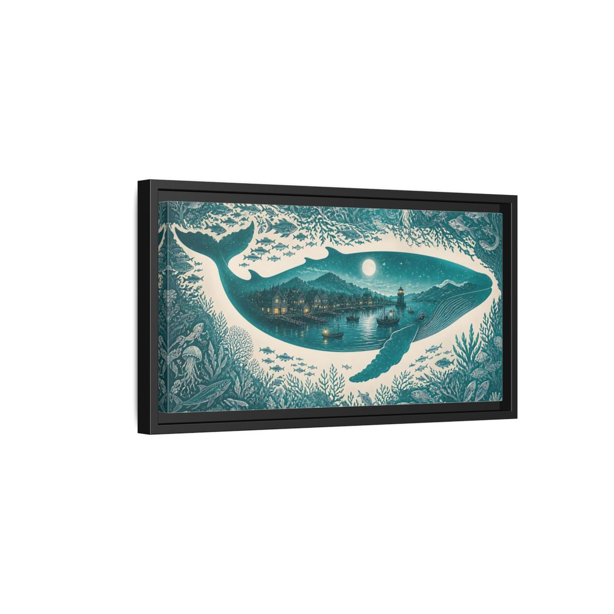 Side Mockup 8. Moonlit Whale Harbor shown as framed canvas print