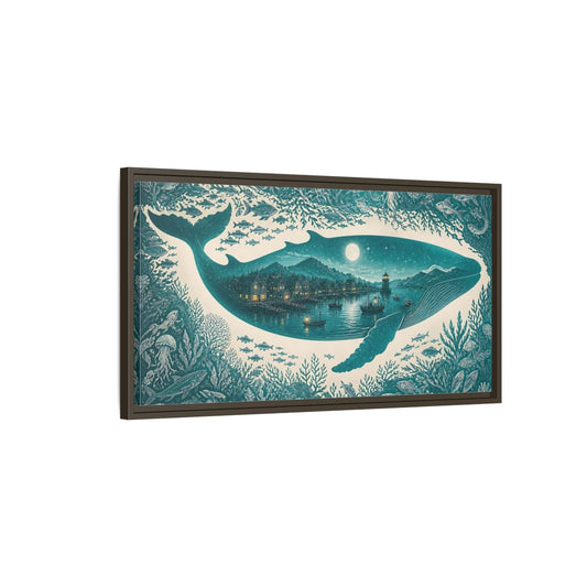 Main Mockup. Moonlit Whale Harbor shown as framed canvas print