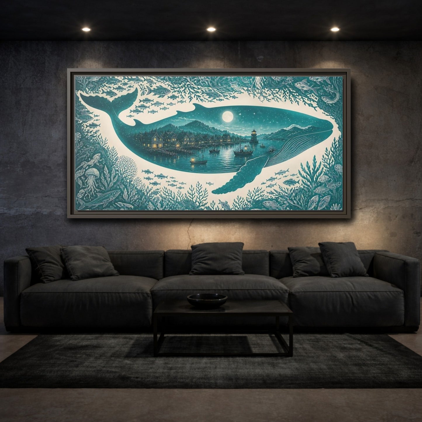 Mockup 3. Moonlit Whale Harbor shown as framed canvas print
