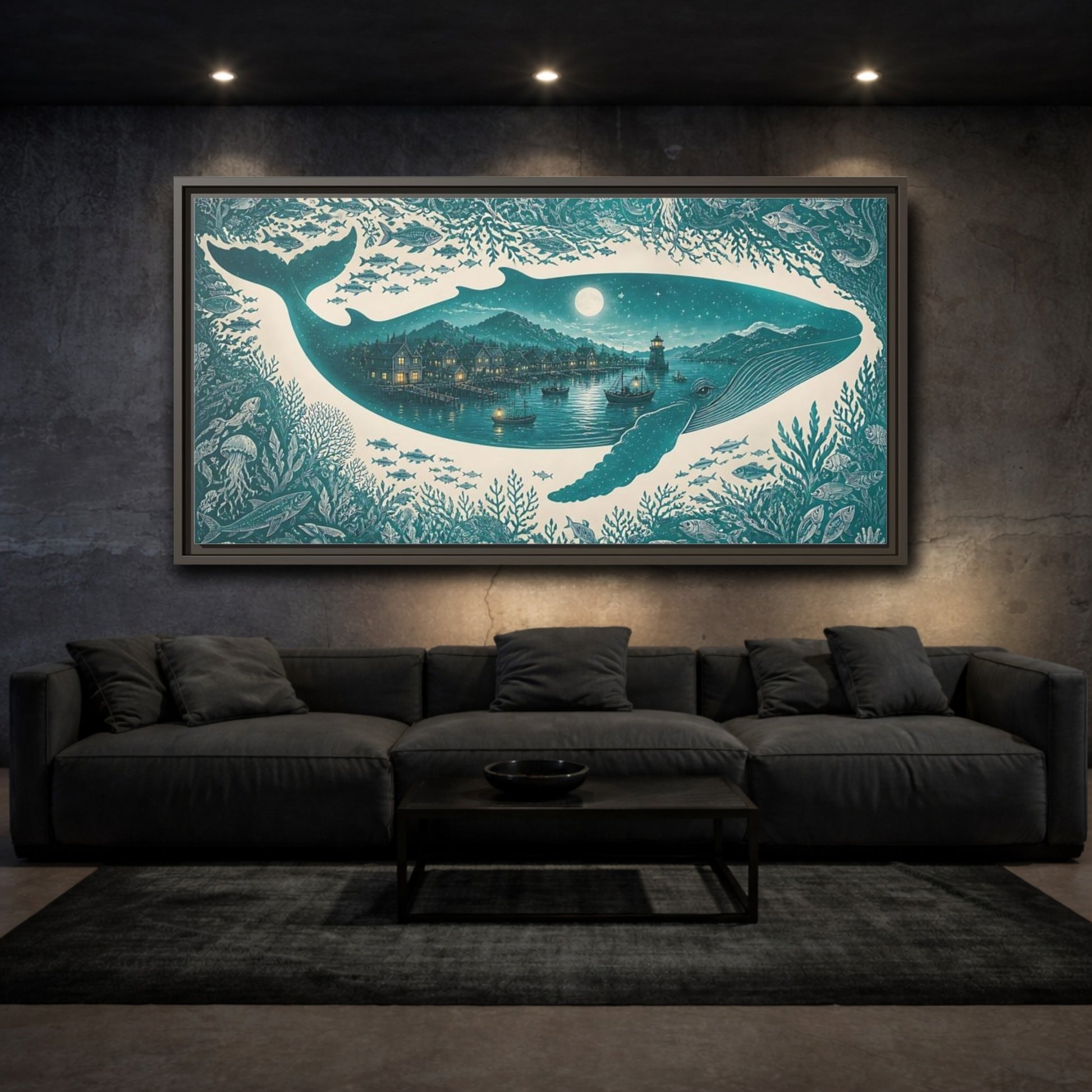 Mockup 3. Moonlit Whale Harbor shown as framed canvas print