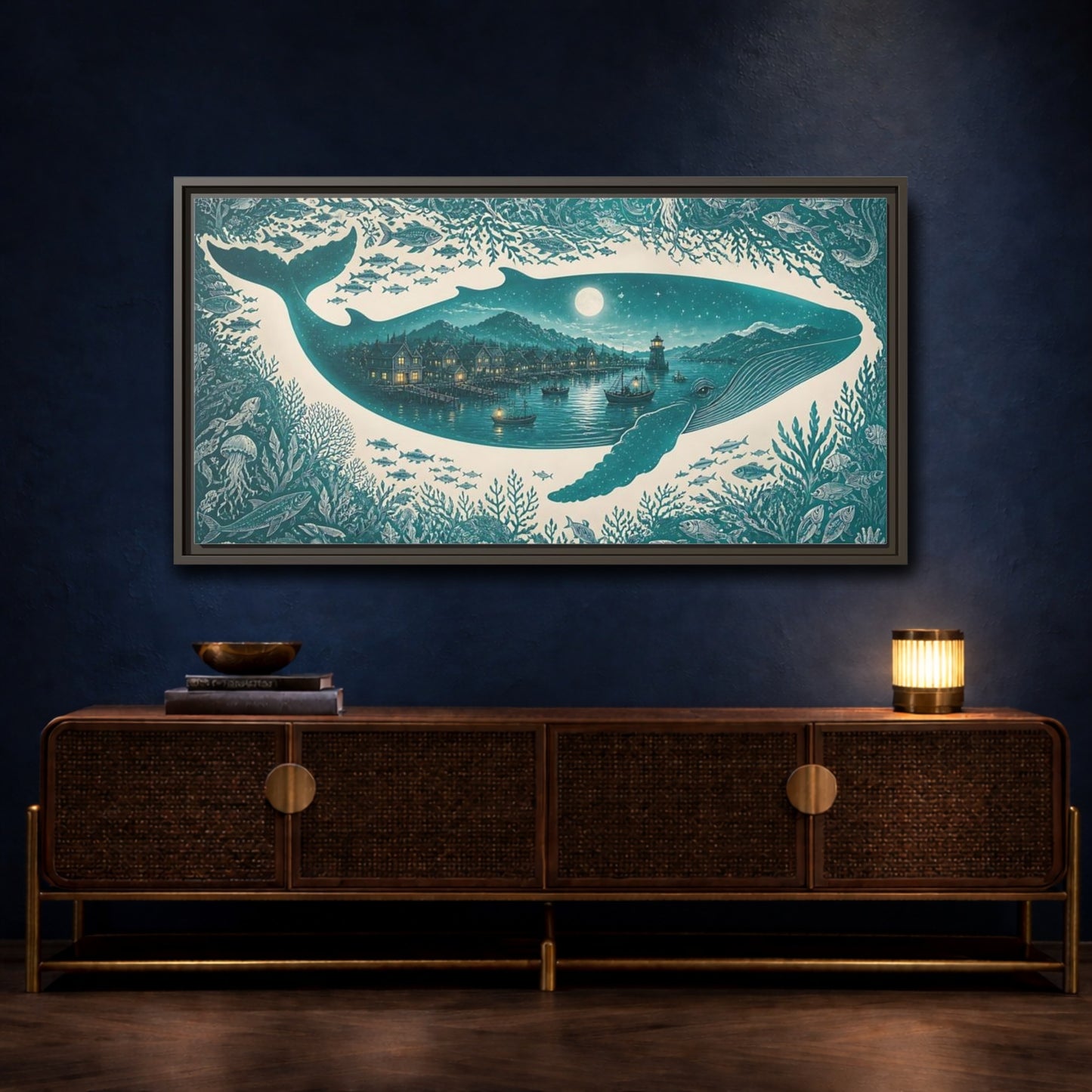 Mockup 4. Moonlit Whale Harbor shown as framed canvas print