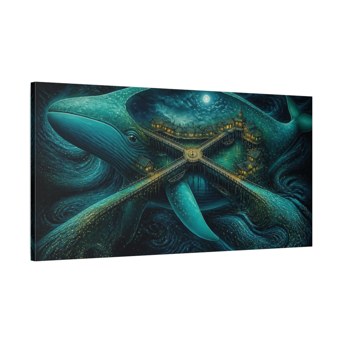 Main Mockup. Moonlit Whale Village shown as canvas print