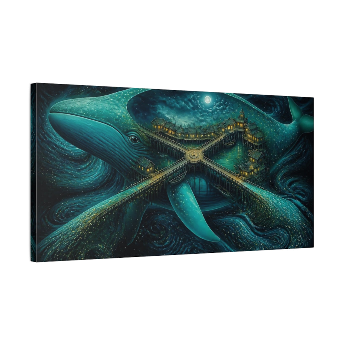 Side Mockup 1. Moonlit Whale Village shown as canvas print
