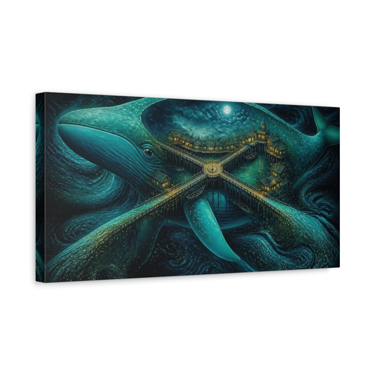 Side Mockup 3. Moonlit Whale Village shown as canvas print
