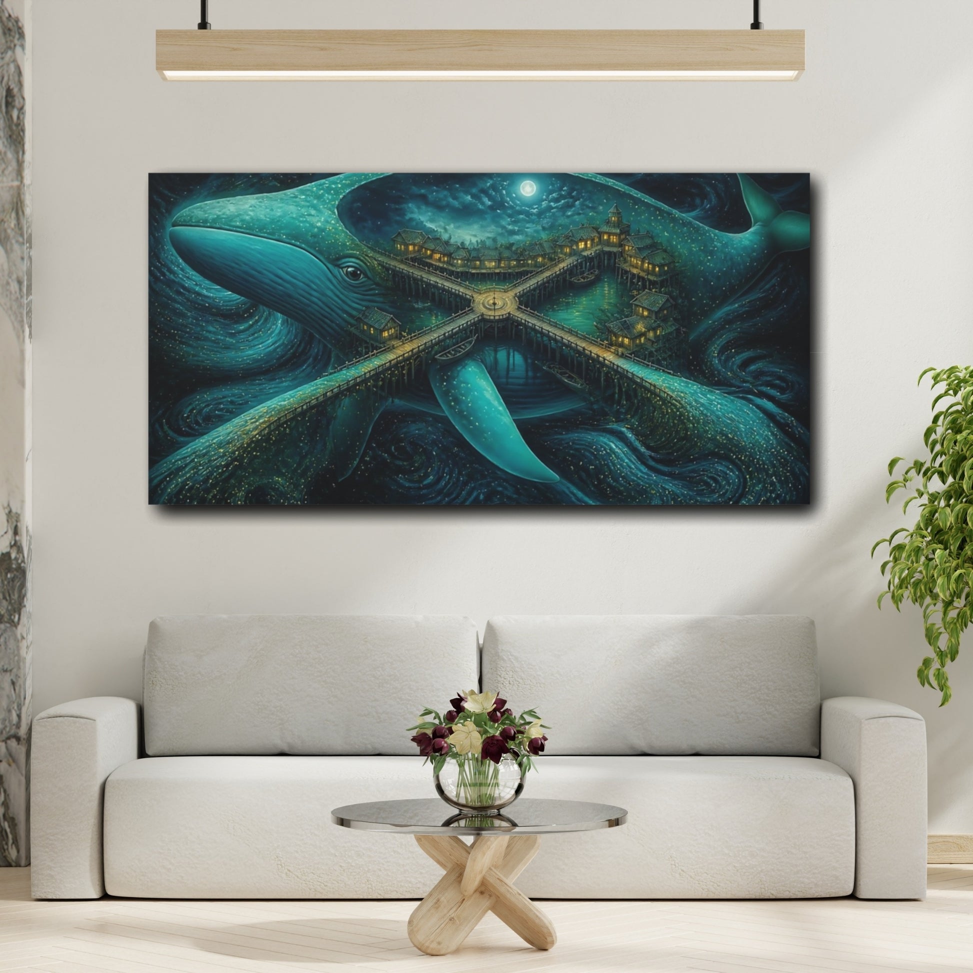 Mockup 2. Moonlit Whale Village shown as canvas print