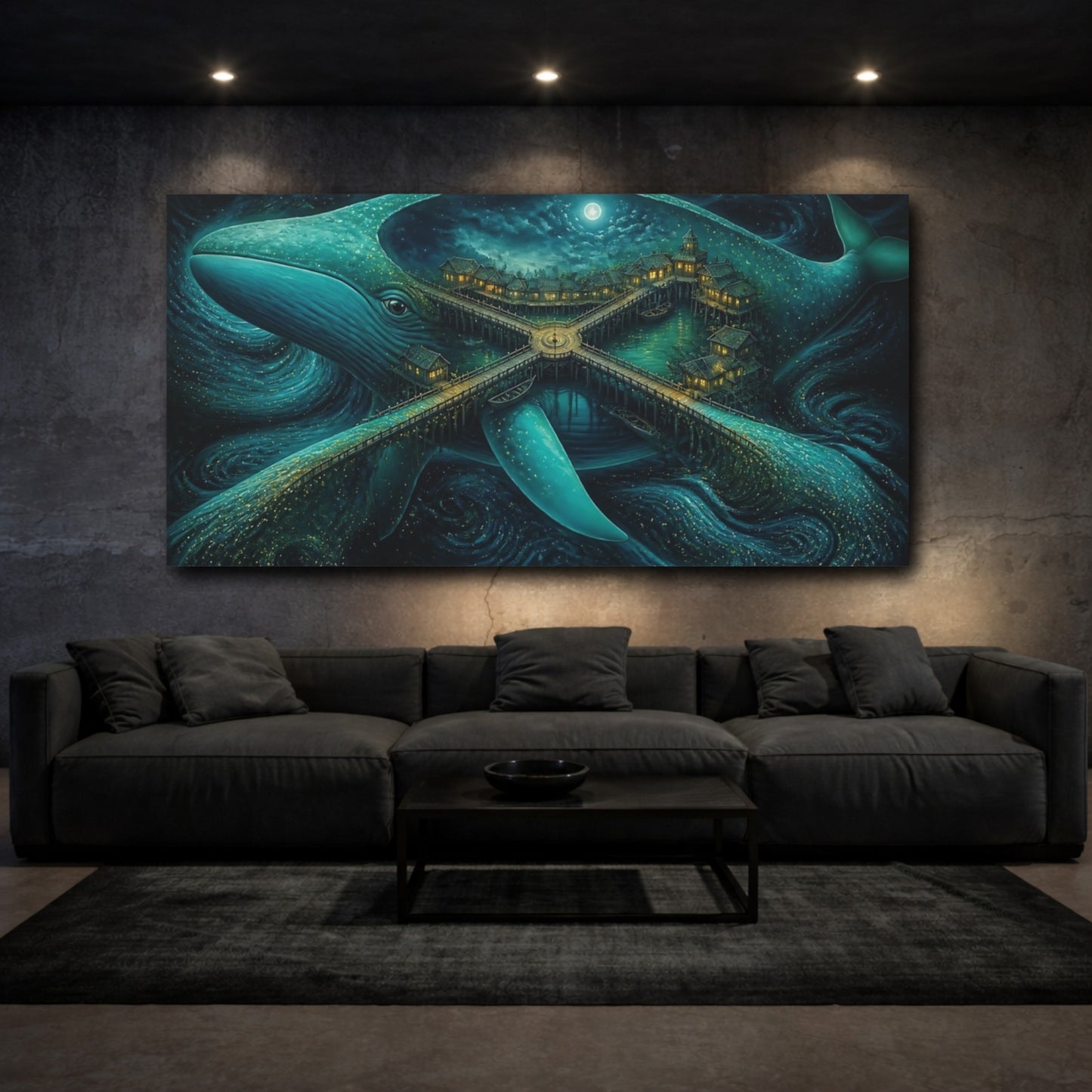 Mockup 3. Moonlit Whale Village shown as canvas print