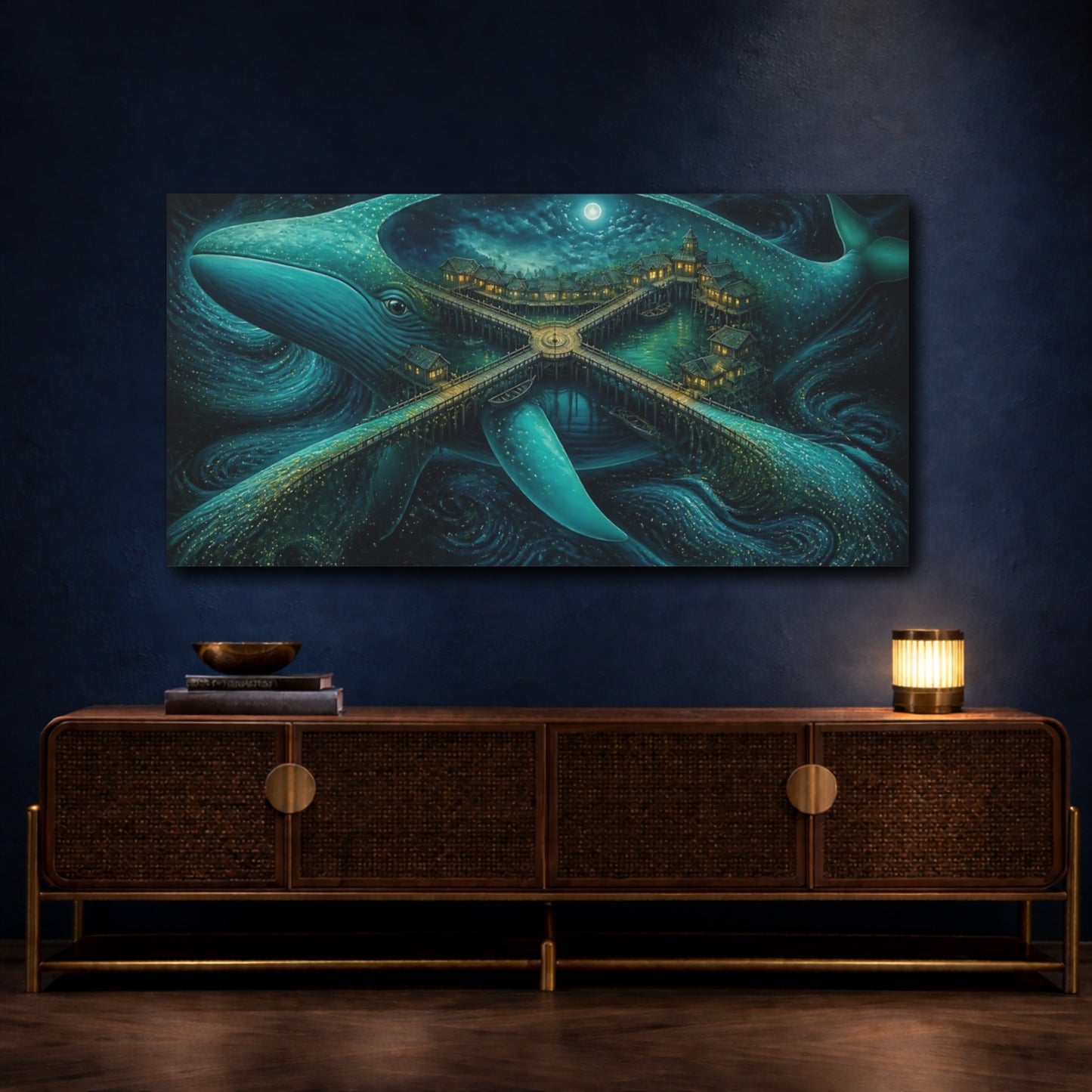 Mockup 4. Moonlit Whale Village shown as canvas print