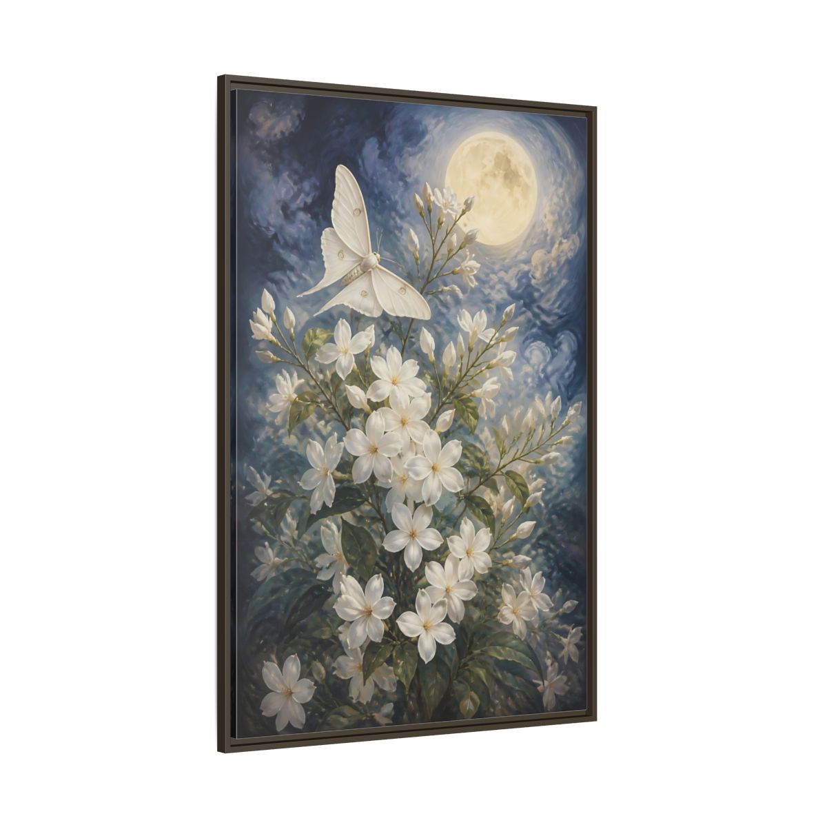 Side Mockup 8. Moonlit White Blossoms shown as framed canvas print